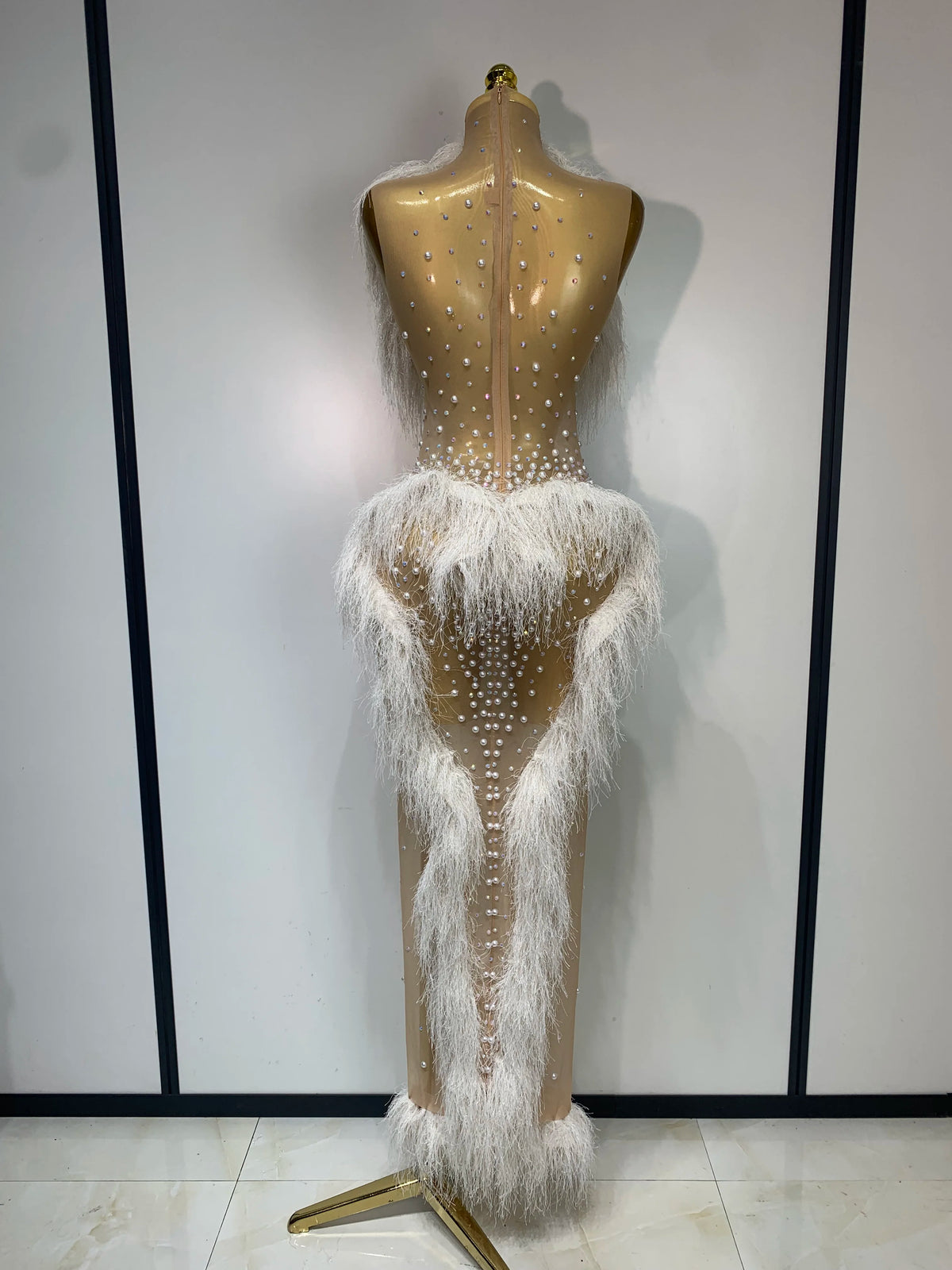White Pearl Crystal Tassel Maxi Dress.