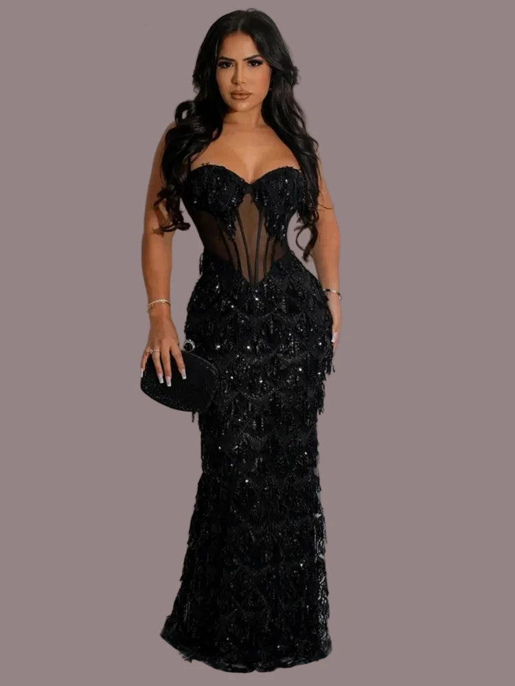 Sexy Backless Sequin Tassel Dress.