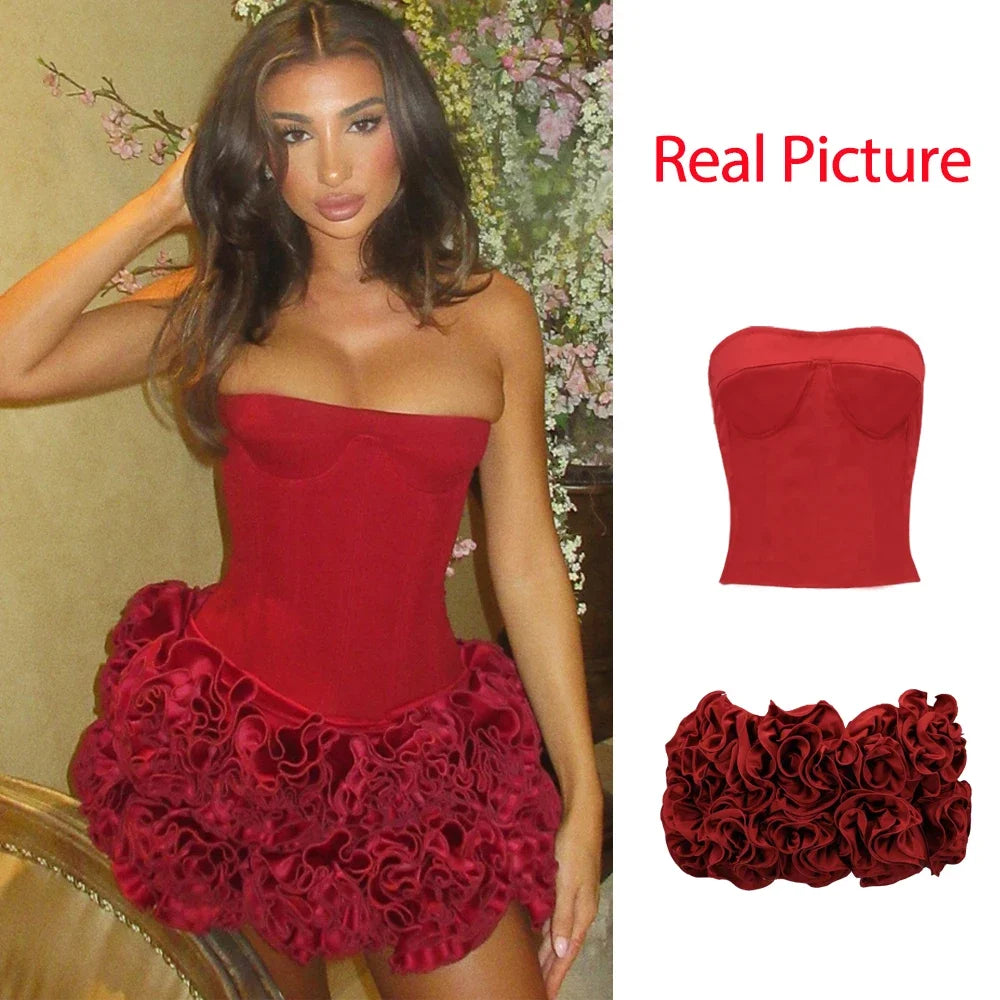 Red Strapless Lace-Up Mini Cocktail Dress.