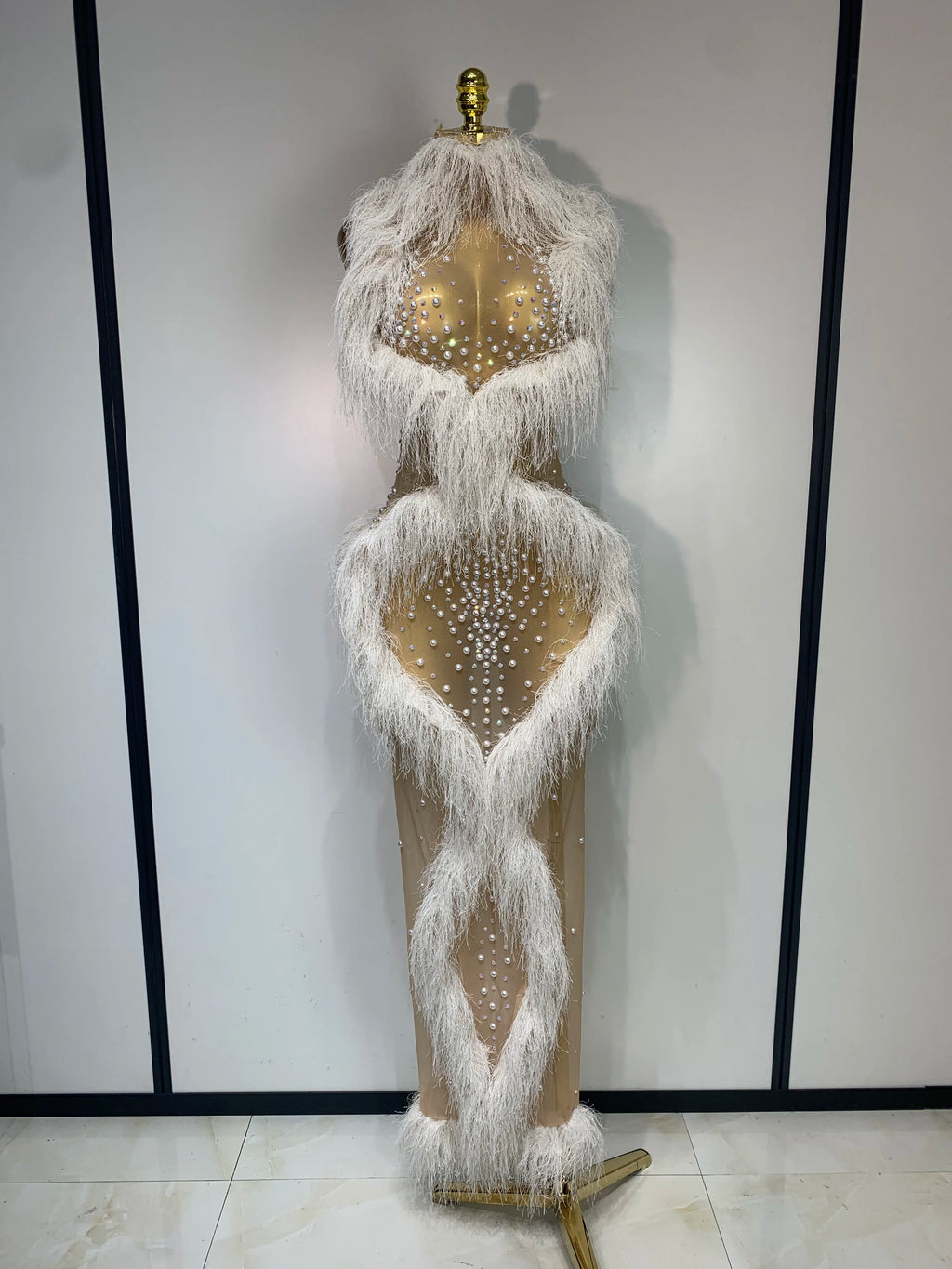 White Pearl Crystal Tassel Maxi Dress.