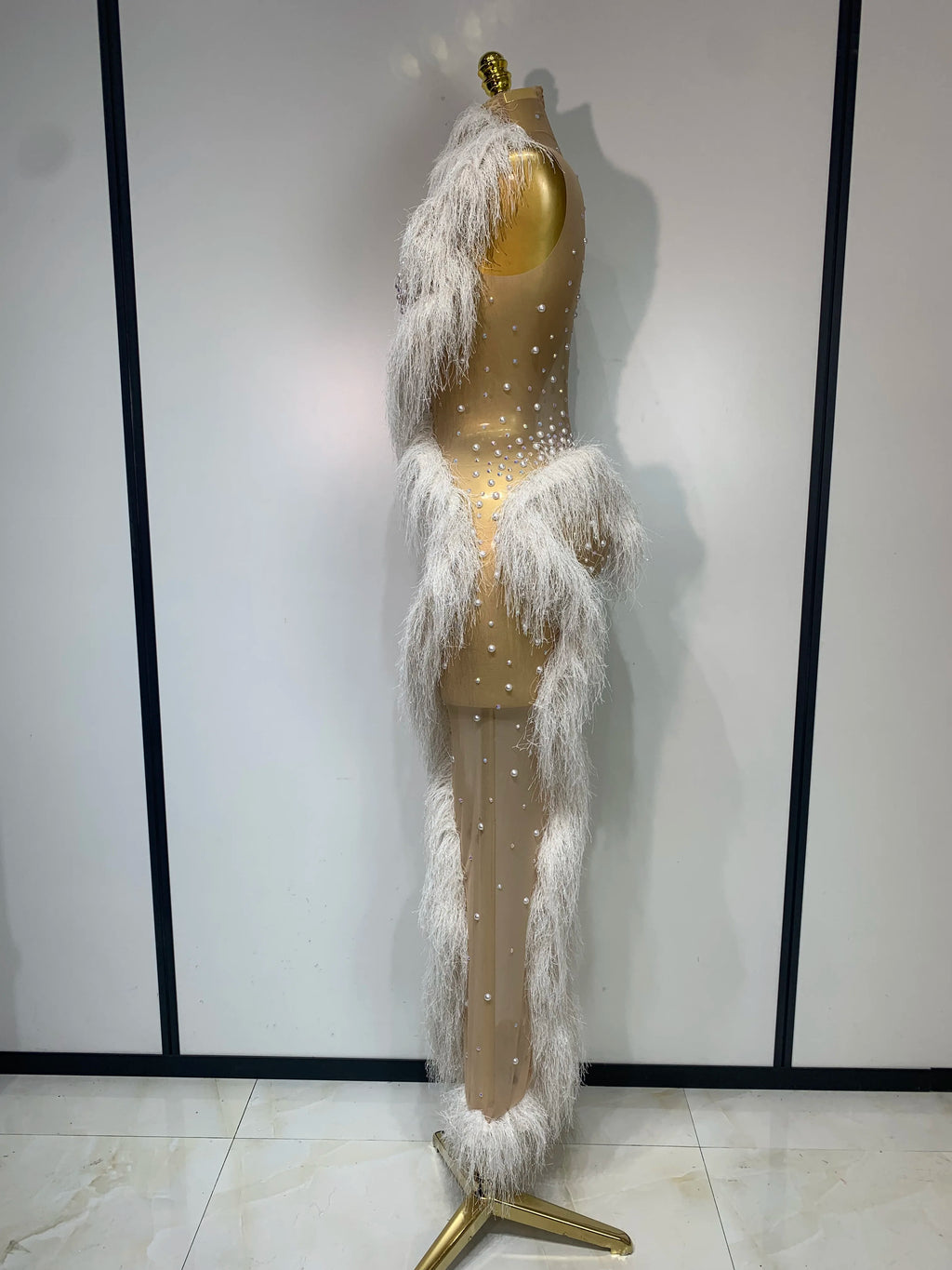 White Pearl Crystal Tassel Maxi Dress.