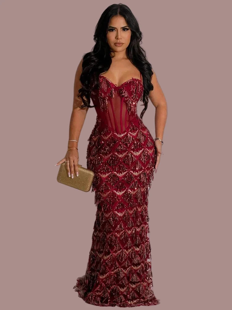 Sexy Backless Sequin Tassel Dress.